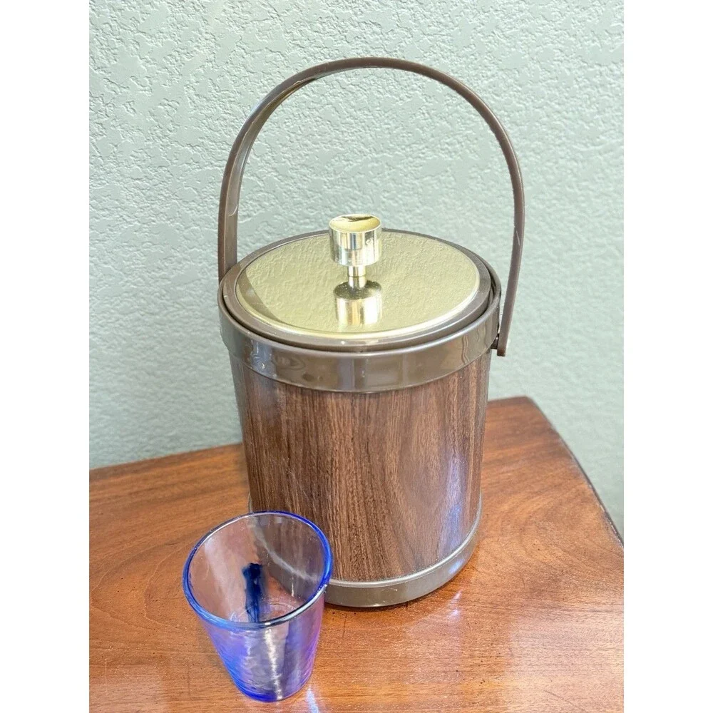 Vtg Kromex ICE BUCKET Gold Plastic  Faux Wood Barware Bar Mid Century Modern MCM